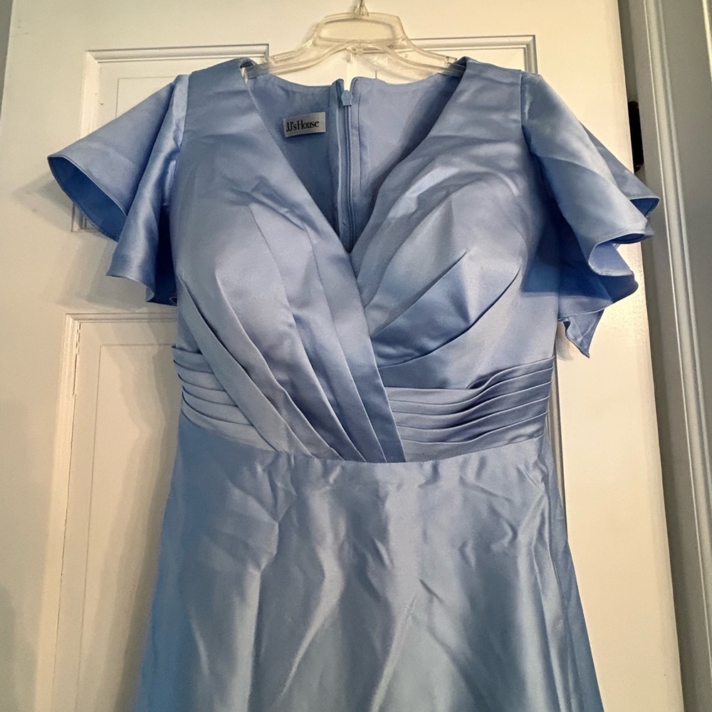 JJs House Satin Light Blue V-Neck Flutter Sleeve A-Line Gown - Picture 4 of 6